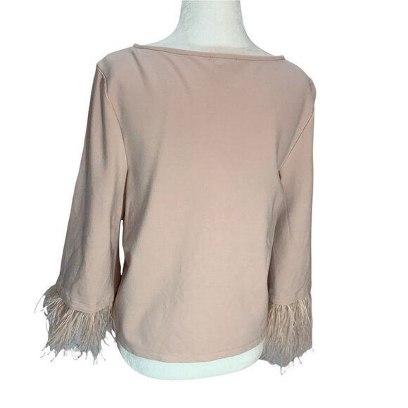 𝅺halogen Removable Feather Ostrich Sleeve Trim Ponte Top Blush Sz S - Picture 7 of 11